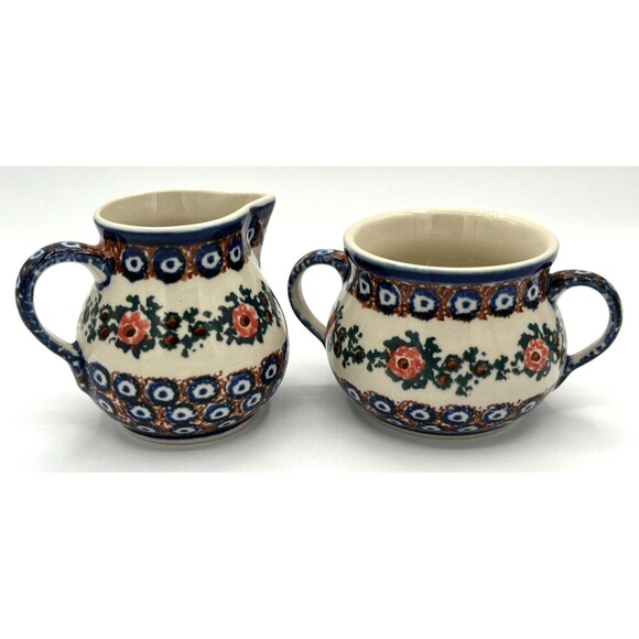 Polish Pottery Blue Rose Creamer & Sugar Bowl Artisan Made U-3/47 Signed Labeled - Picture 1 of 16